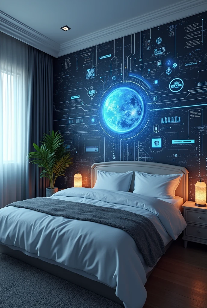 faca um wallpaper, with technology theme in real time, adding computers video games cars etc , with the bed in a light color so that the components that will be added are highlighted