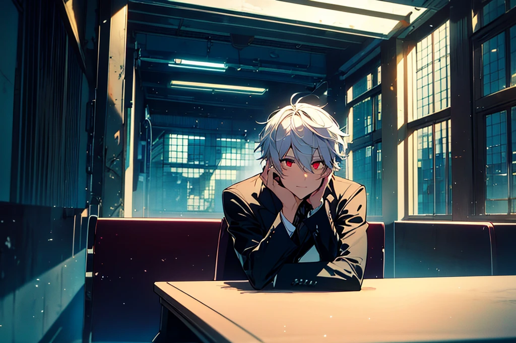 Chico, Alone, seated, Holding hands, big table, a photo of a man in his twenties, shiny black suit, White hair, arranged to one side, Red eyes, meeting room, large windows, Neon colors