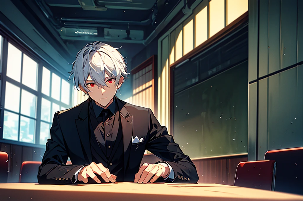 Chico, Alone, seated, Holding hands, big table, a photo of a man in his twenties, shiny black suit, White hair, arranged to one side, Red eyes, meeting room, large windows, Neon colors