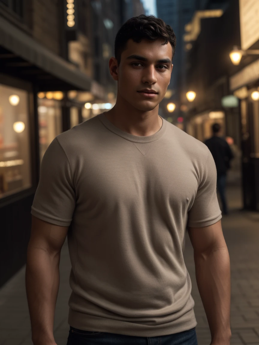 (8k, RAW photo, best quality, masterpiece:1.2), (realistic, photo-realistic:1.37), ultra-detailed, (high detailed skin:1.2), 8k uhd, dslr, soft lighting, high quality, film grain, Fujifilm XT3, professional lighting, handsome 1man ,25 years old,Latin descent,Tanned olive skin ,olive skin complexion,yeallow skin,Dark black hair, short hair, fully clothed soft, dreamy filters for an ethereal look in the city, with Lucas posing naturally. He is dressed in a light, casual outfit, with a blurred and dreamy background.(strong jaw:1) brutal