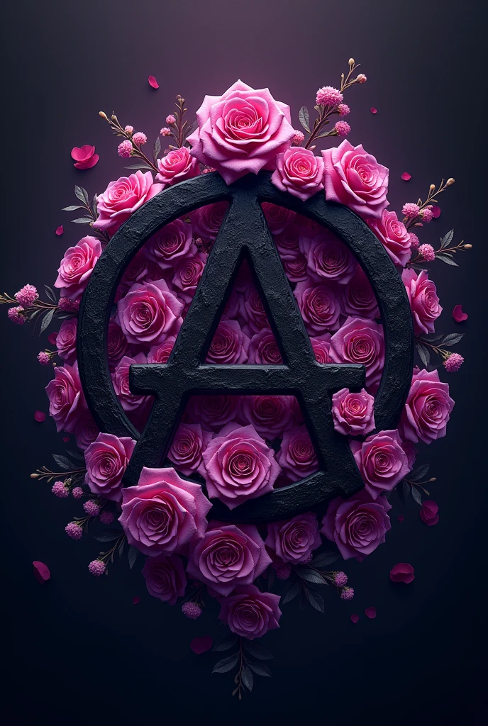 A logo with an anarchic symbol with roses and purple in the background