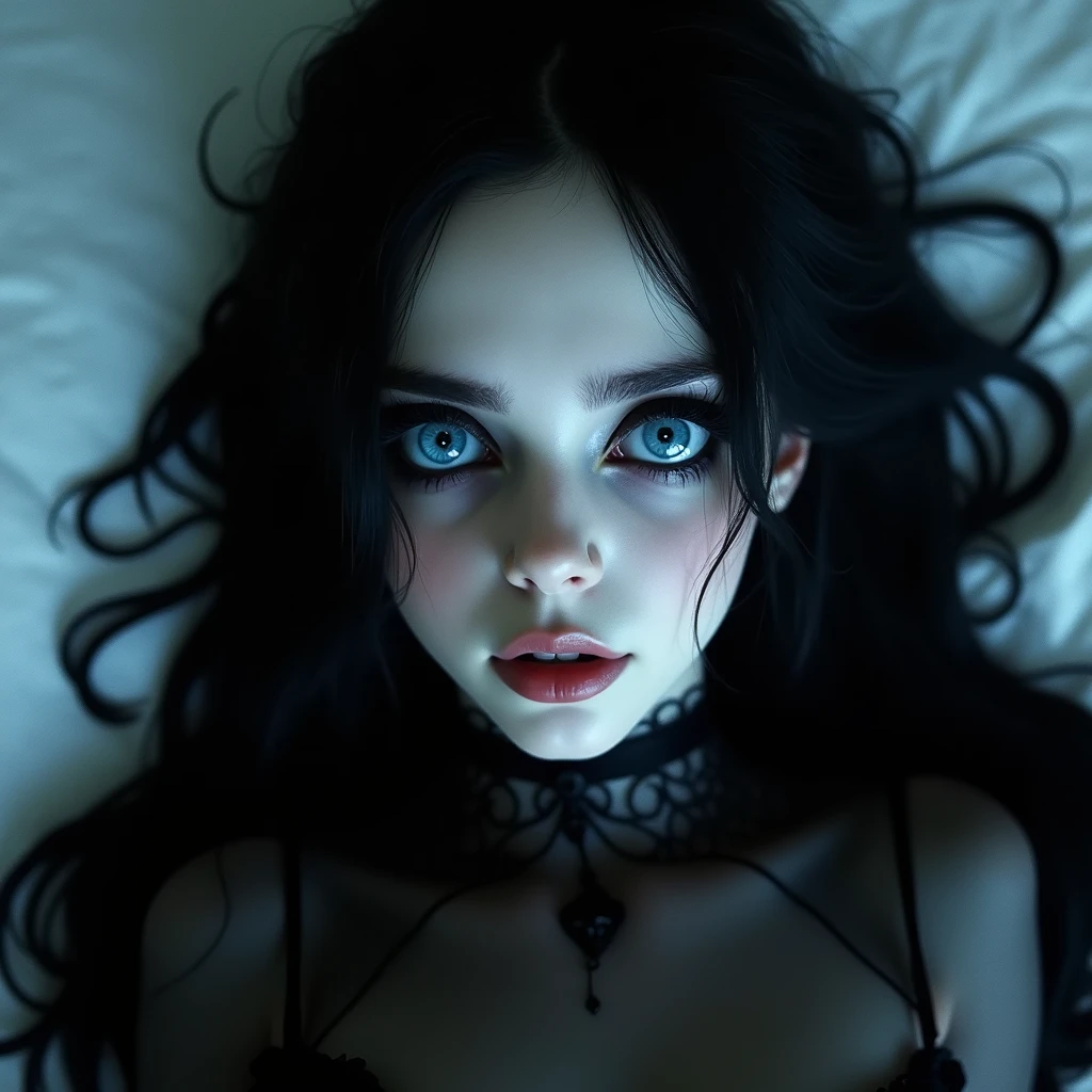 A sexy boy with super big indigo eyes and long black hair, with a nice and delicate face, dressed in gothic clothes, his skin is pale and snow white, he lies on the bed, looking sexual