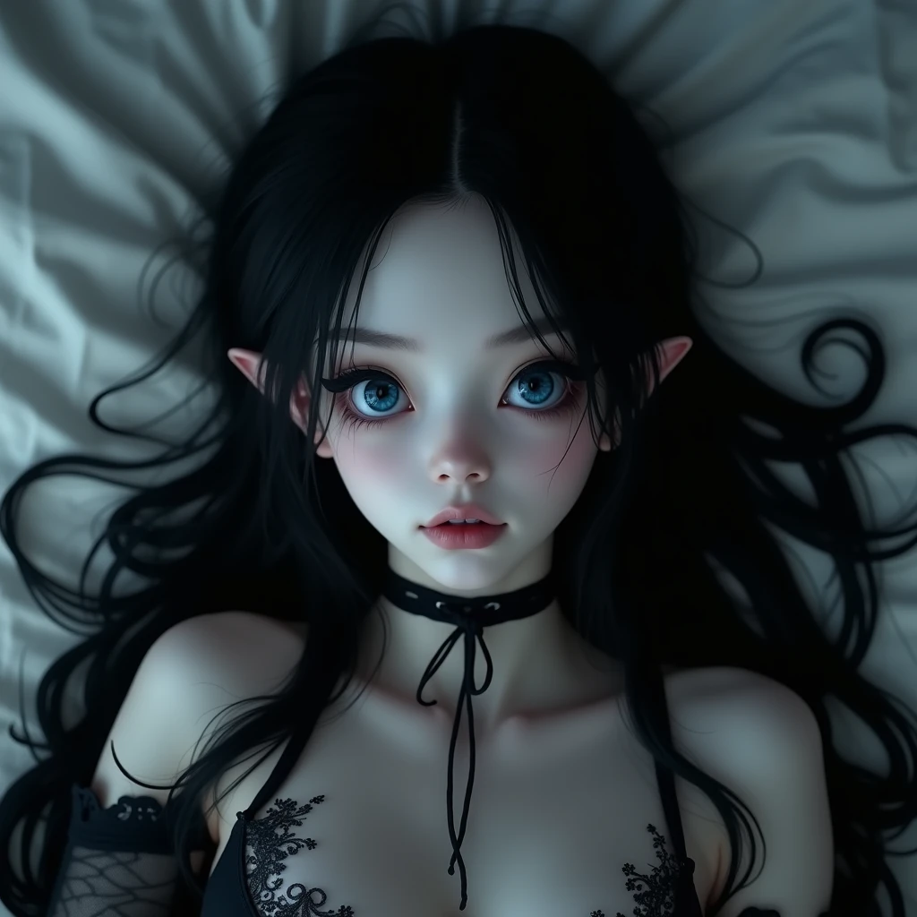 A sexy boy with super big indigo eyes and long black hair, with a nice and delicate face, dressed in gothic clothes, his skin is pale and snow white, he lies on the bed, looking sexual