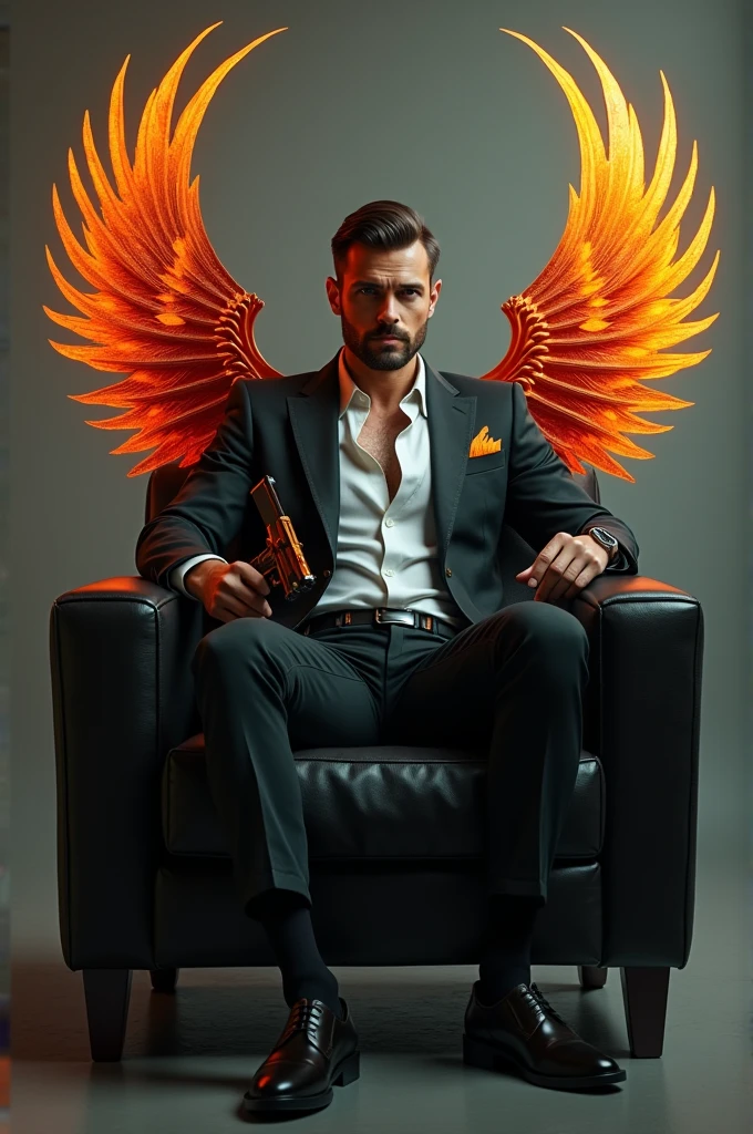 Cool guy on chair with a handgun with wings like pheonix