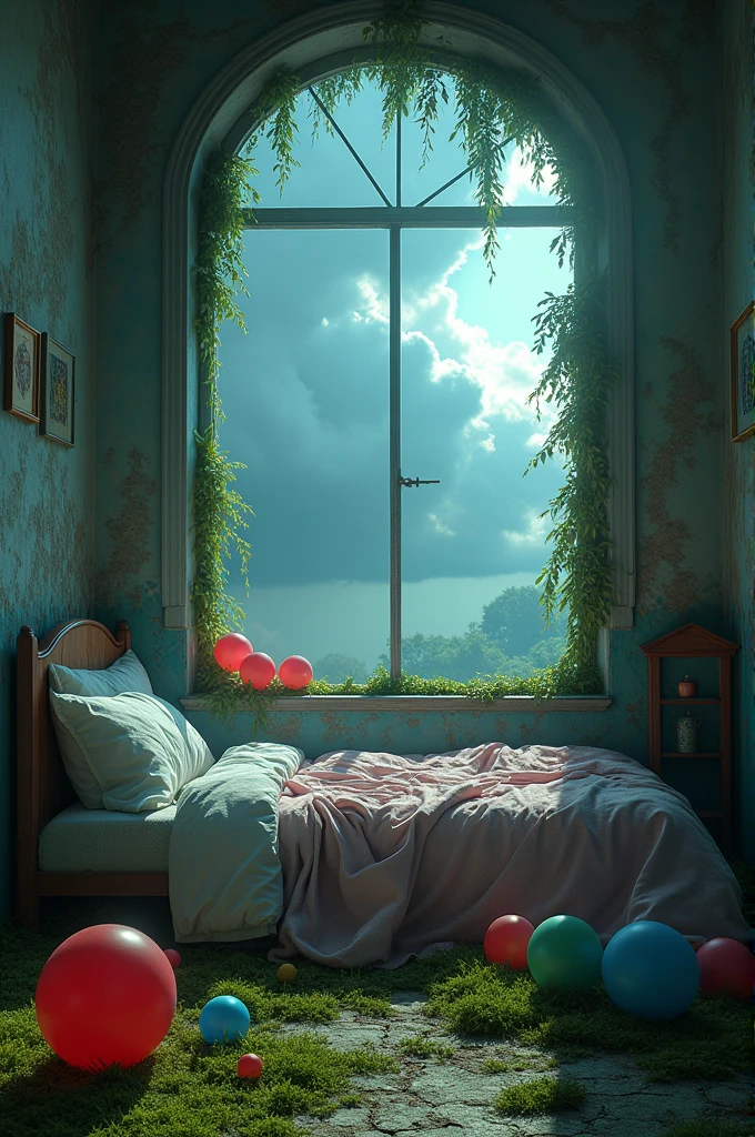 Children's room、colorful、balloon、Strange Sky、moss、overgrown with grass、Apocalypse、Drooping ivy、fog、Liminal Space、Creepy、Dream Core