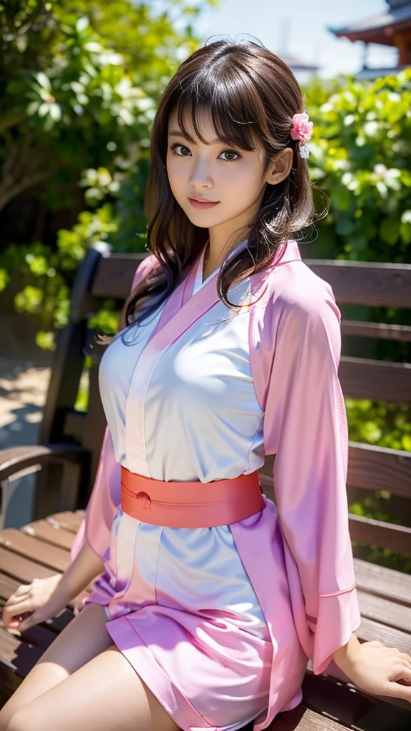 masterpiece, (photorealistic:1.5), realistic eyes, asian woman, best quality, beautiful lighting, professional lighting, photon mapping, radiosity, physically-based rendering, kamado nezuko, 1girl, black hair, forehead, hair ribbon, japanese clothes, kimono, long hair, multicolored hair, pink eyes, pink kimono, pink ribbon, ribbon, very long hair, bit gag, gagged, sky, ((aged up)), (RAW photo, 8k uhd, film grain),