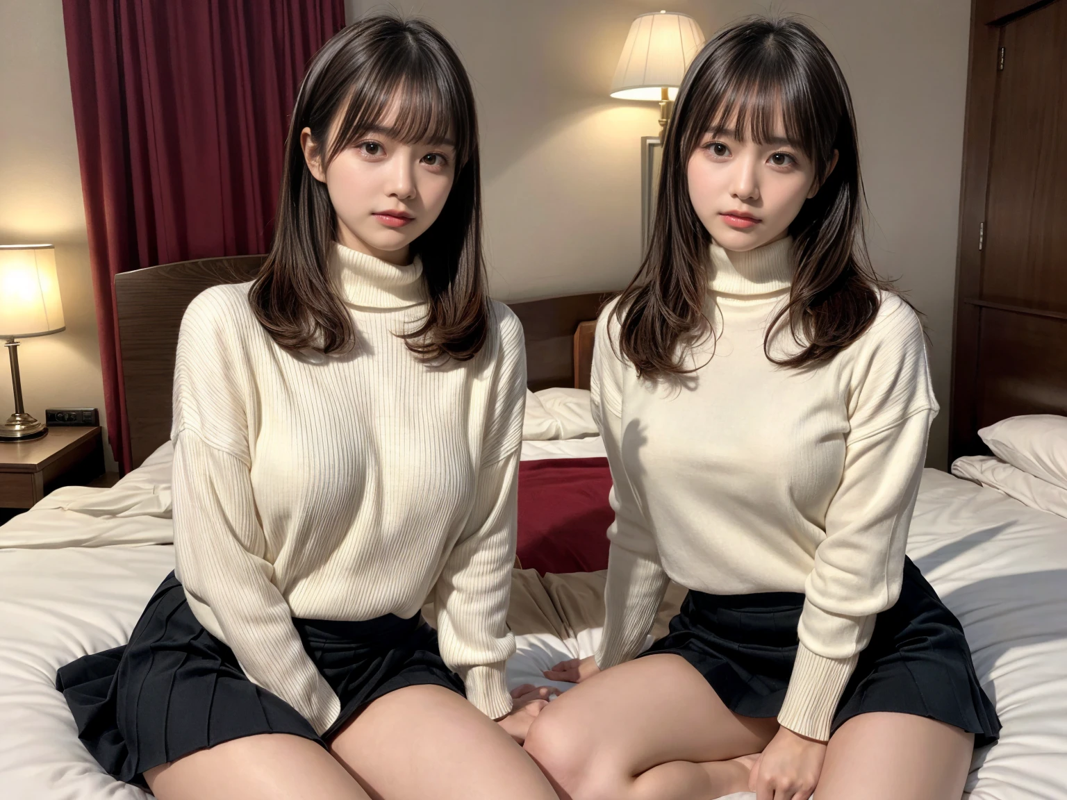 masterpiece, best quality, illustration, Super detailed, fine details, High resolution, 8K,wall paper, perfect dynamic composition,(Details High quality, realistic depiction of eyes:1.3), (2 girls), updo), white turtleneck sweater, pleated skirt, sitting, open legs, short bob hair, in a hotel room in the background, deep on field, large breasts, black hair color, Big Natural Color Lip, (perfect body shape), crying a little、Harajuku style、20 year old girl、cute type、beautiful legs, Gravure Idol