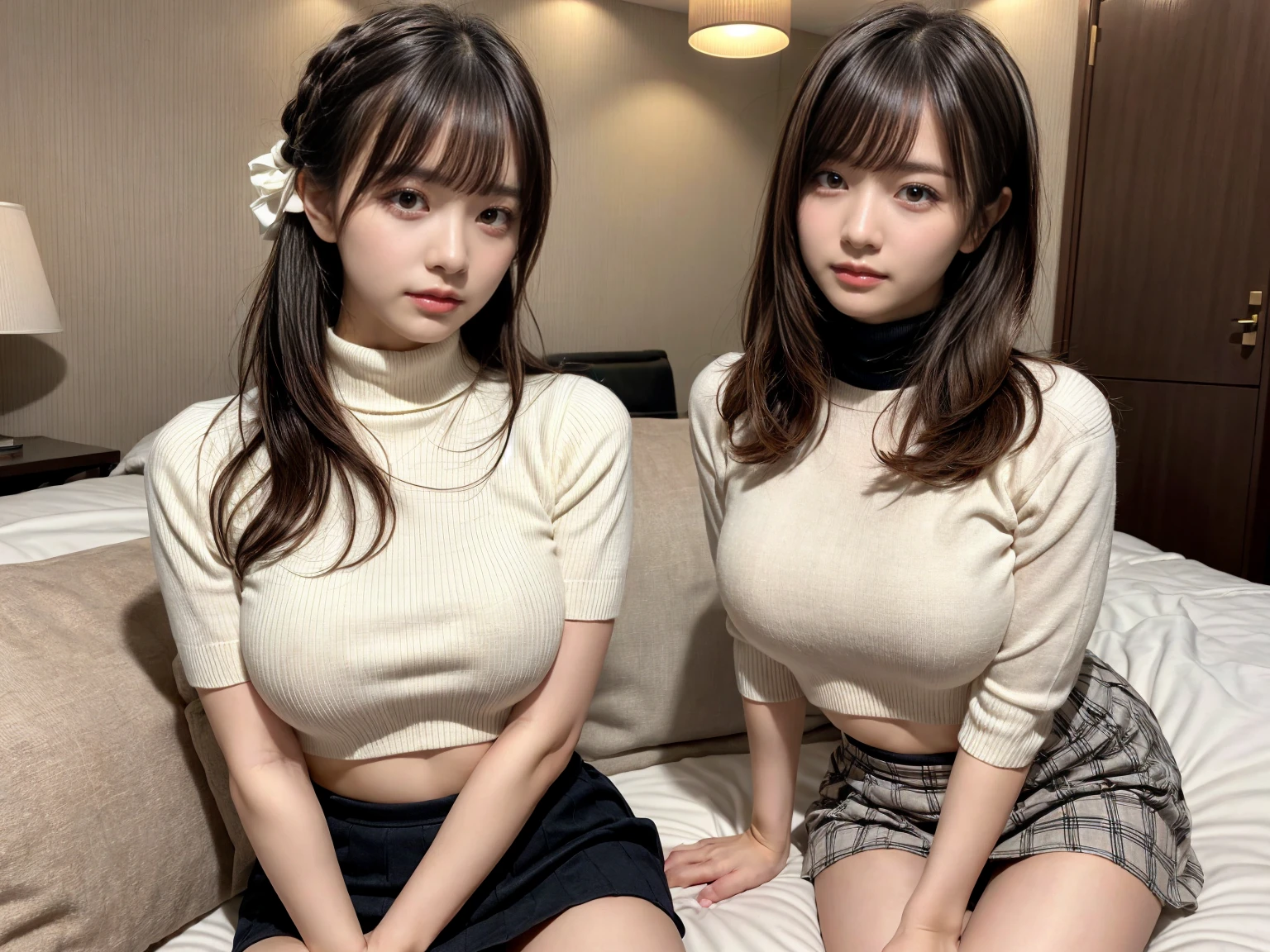 (Brown short-cut hair),((Photo of two beautiful women:1.6))、(24-years-old,Japan women in pair:1.4)、8K, enchanting smile, (((huge breasts,No bra):1.4)) , expensive:1.4、small face、Nikon Z 85mm, ((highest quality)) ,((table top)), intricate details, Professional, realistic, realistic、 ((Sexy Turtleneck Tunic Sweater)):1.2、(standing in the park):1.2, big earrings、(colorful、Stretch long boots with high stiletto heels、pointed toe):1.2、full body shot、((White panties are visible through the skirt:1.3))、My chest is open:1.2