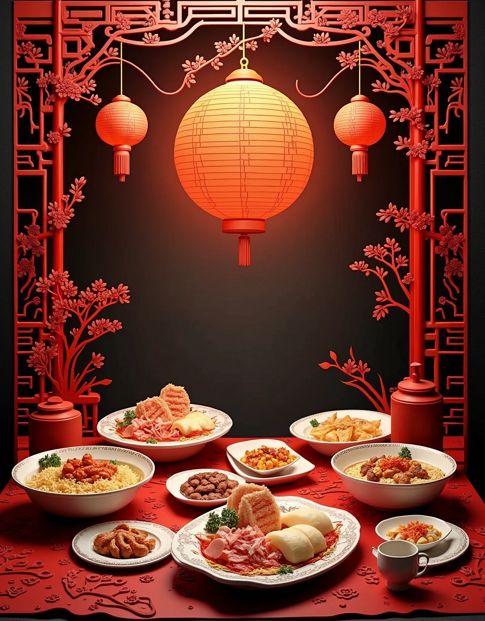 Papercut art. Kirigami. Origami. A very detailed and intricate cutout of one ancient chinese restaurant with dishes of chinese food, trees and lanterns, mystery dark atmosphere at night, no human being, no one, only food, focus on dishes of chinese food