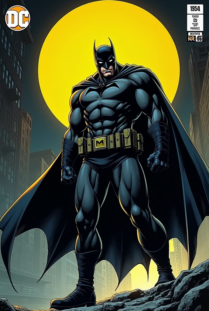 DC Comics superhero comic featuring images of a hero named Night Owl, with a dark suit in shades of black or grey, that allows you to move stealthily in the dark. The suit has tactical or functional details, wears a mask or hood that covers part of his face. He wears a dark cape on his back, A yellow multifunctional belt that can carry gadgets or tools that help you in your activity as a night watchman. He has an athletic physique, with an appearance that reflects agility and strength.

Put this character on the cover and the letters DC Comics in yellow above it. Eocomic is from the year 1954.