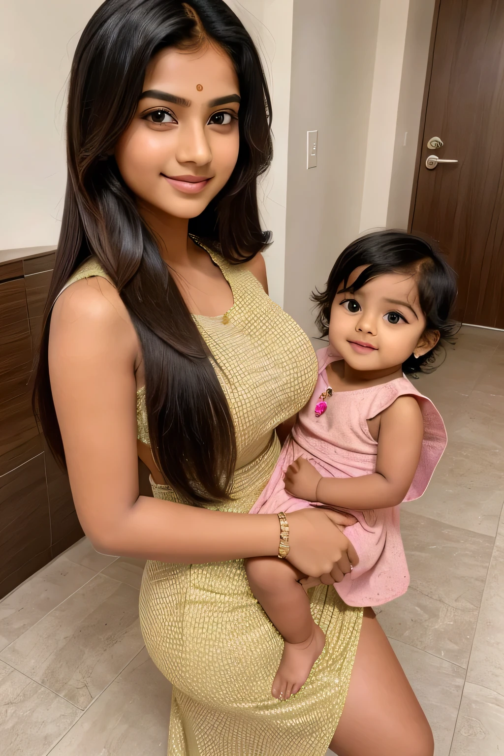 cute beautiful hot romantic mood indian girl with smily face with small size boobs with stylish long hair with stylish trending modern different color full stunning dress with his 2 years old boy baby with cuze straight pic