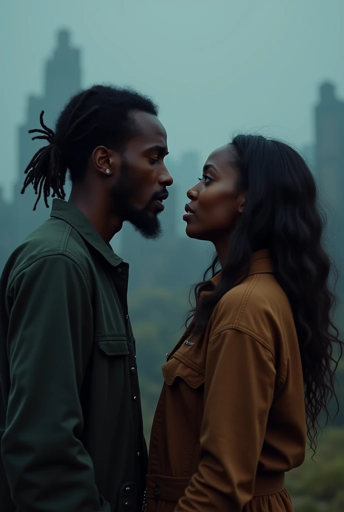 Un chanteur noir de 28 ans avec des locks court, une moustache et un bouc sur scène en plein air entrain de chanter et regarde une femme noire avec des yeux remplie de larme.
L'atmosphère est remplie d'émotion, une ambiance sombre avec des sentiments complexes flottent dans le paysage