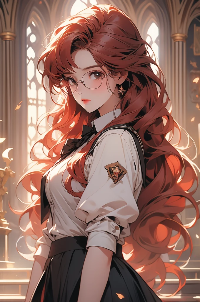 1 girl, floor-long hair, black skirt, academy uniform, hogwarts, glasses, looking down at viewer, voluptuous, red hair