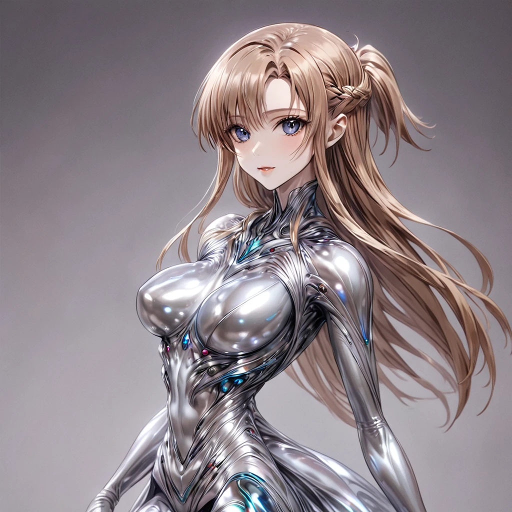 ((Highest quality)), ((masterpiece)), (detailed), （Perfect Face）、The woman is Yuuki Asuna, a completely metallic lifeform with metallic silver skin and face, and metallic medium-long hair.、The woman is a metallic lifeform whose entire body and face are made of metal.