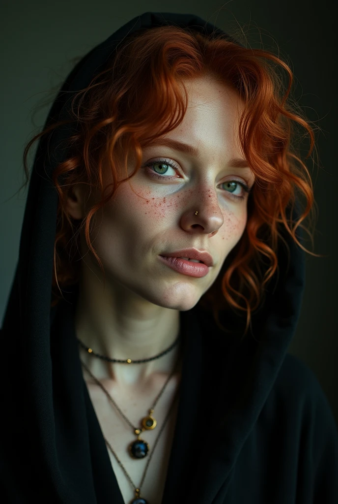 (close-up, editorial photograph of a 30 year old woman), (highly detailed face:1.4) (smile:0.7) (background inside dark, moody, private study:1.3) POV, by lee jeffries, nikon d850, film stock photograph ,4 kodak portra 400 ,camera f1.6 lens ,rich colors, hyper realistic ,lifelike texture, dramatic lighting , cinestill 800, wavy hair, messy hair, dreads, curls, smirk, malicious smile, red hair, freckles, green eyes, white skin, cloak made from the night sky, dark cloak, cloak with stars, jewels, necklace, thelema, witchcraft, babalon