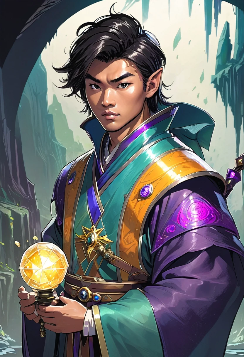 a 27 year old asian malay chinese male, tanned skin, slightly chubby, cute and charming expression, fantasy world, dungeons and dragons, slightly confused look on face, looking at crystal shards, high quality, masterpiece, studio lighting, vivid colors, concept art, digital painting