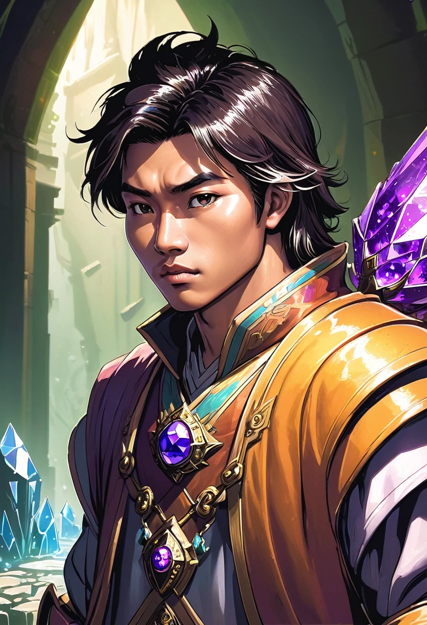 a 27 year old asian malay chinese male, tanned skin, slightly chubby, cute and charming expression, fantasy world, dungeons and dragons, slightly confused look on face, looking at crystal shards, high quality, masterpiece, studio lighting, vivid colors, concept art, digital painting