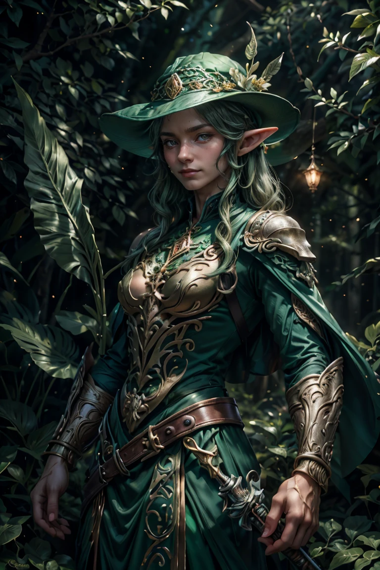 Painting of elves in a magical Celtic forest, smiling, Wearing a green hat, Sensational digital painting, Master's Sculpture, whole body, In a pot of gold and fairy background, Writer: Chuni, Writer: darkgem:0.8, detailed background, ((whole body)), Slow 35mm spear gun, Lutien, ((Amazing Portrait of God)), Frank Kelly Frith, Style Carol Park, ((beautiful face)), ultra definition, best quality, 32K Ultra |, Ultra HD |