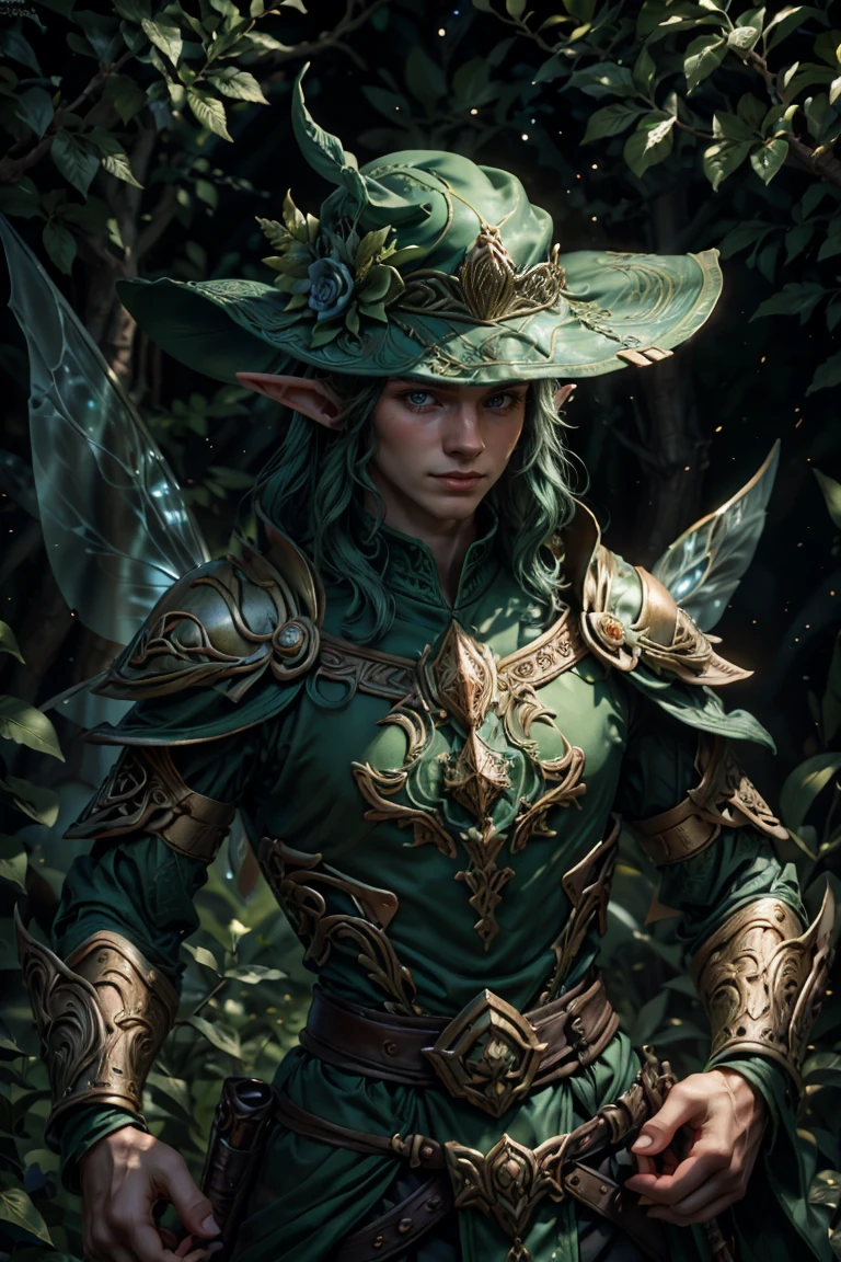 Painting of elves in a magical Celtic forest, smiling, Wearing a green hat, Sensational digital painting, Master's Sculpture, whole body, In a pot of gold and fairy background, Writer: Chuni, Writer: darkgem:0.8, detailed background, ((whole body)), Slow 35mm spear gun, Lutien, ((Amazing Portrait of God)), Frank Kelly Frith, Style Carol Park, ((beautiful face)), ultra definition, best quality, 32K Ultra |, Ultra HD |