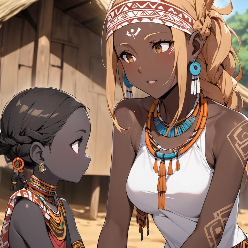 ((Highest quality)), ((masterpiece)), (detailed), (Perfect Face)、The woman has bright black skin、Strong curly hair、Black, dark skinned, African native tribal woman、The amount of hair is small、Light brown hair、Very short curly hair、Braided hair with detailed braids and slicked back、Her hair is braided and thin, and she wears a tribal headdress and a tribal headscarf.、African black woman beautifully dressed in tribal clothing, tribal earrings and tribal accessories, wearing tribal makeup、A beautiful tribal woman with tattoos all over her body、A woman is chatting with other women in a tribal village about raising children.
