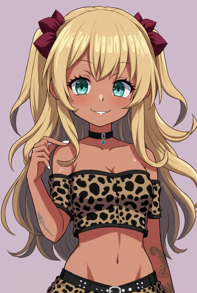 core_9, score_8_up, score_7_up, score_6_up, source_anime, 1girl, solo, dark-skinned female, colored skin, BREAK, (yamanba), eyeshadow, very dark skin, makeup, tattoos, leopard print, choker, off-the shoulder crop top, piercings, blonde hair, frieren