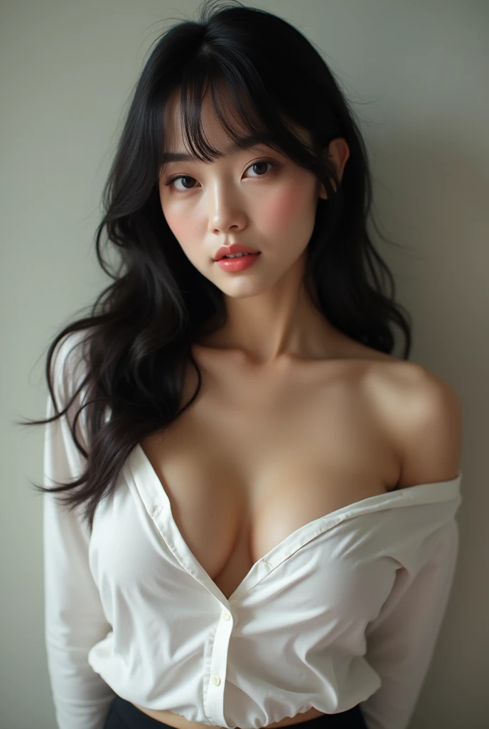 Highest quality,Big Breasts,Japanese girl,sexy,Swept-back bangs,Long Hair,Open the buttons on your shirt,unbutton,valley,White dress shirt