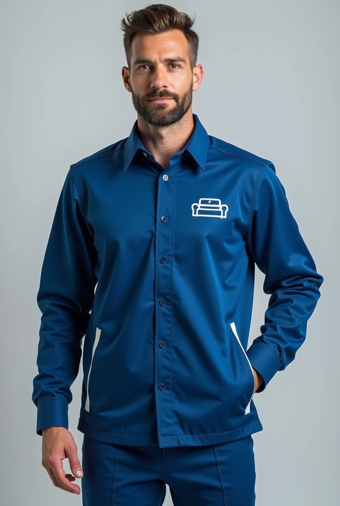 Men's uniform of a company with a sofa logo, uniform color blue and white predominant color blue without button in the front