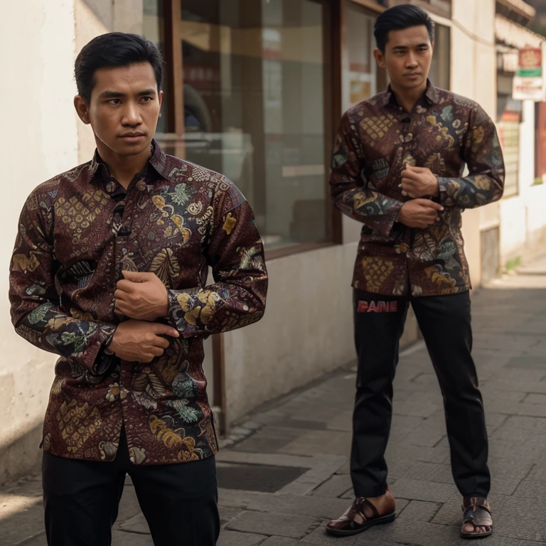 ((best quality)), ((masterpiece)), (detailed), 25 years old Indonesian men wearing indonesia batik , repetitive patern batik , blazzer, shop street, highly detailed, intricate, 8k octane rendering