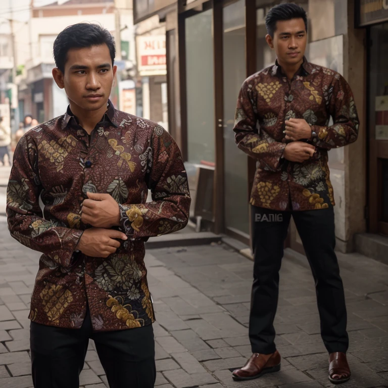 ((best quality)), ((masterpiece)), (detailed), 25 years old Indonesian men wearing indonesia batik , repetitive patern batik , blazzer, shop street, highly detailed, intricate, 8k octane rendering