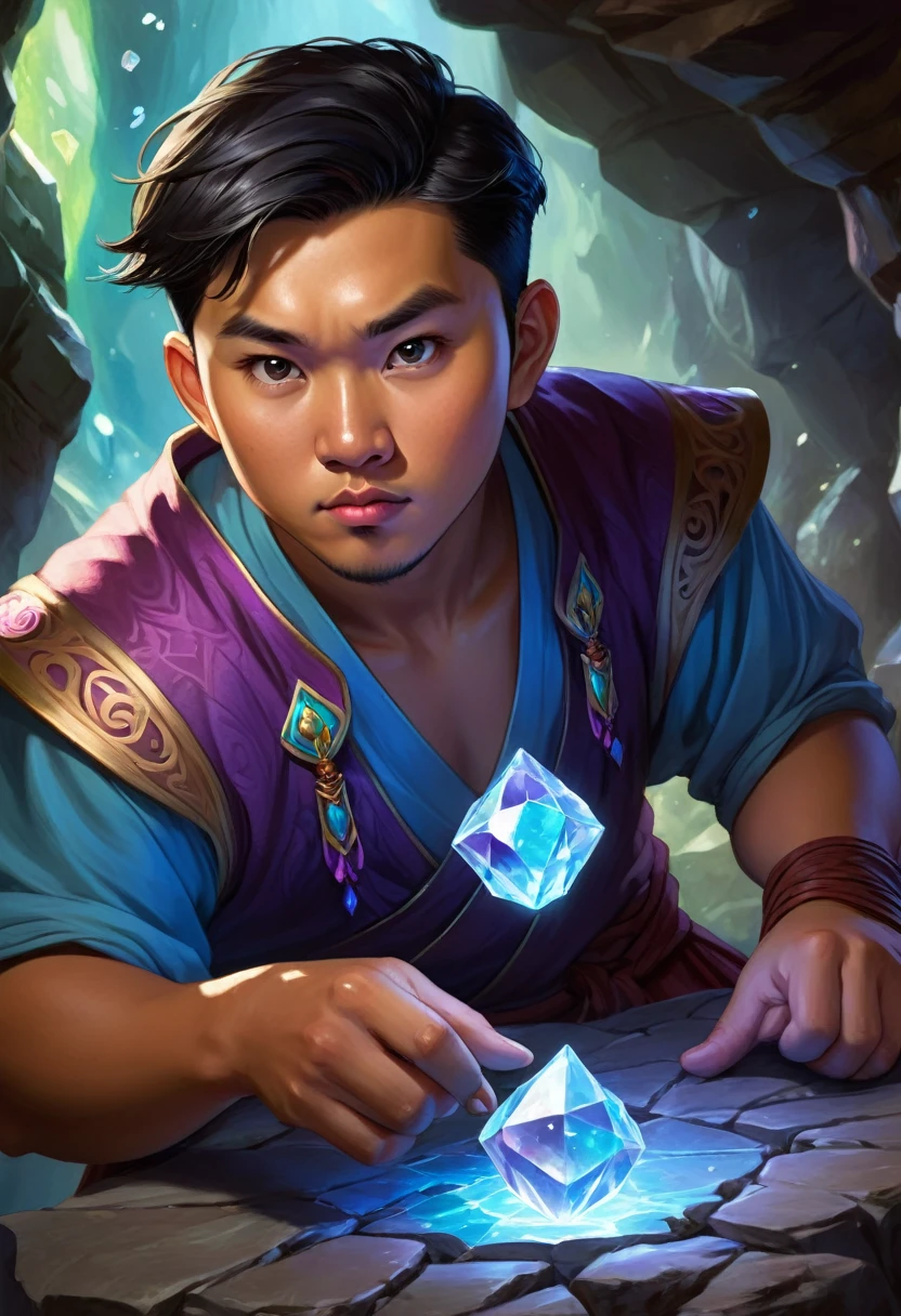 a 27 year old asian malay chinese male, tanned skin, slightly chubby, cute and charming expression, fantasy world, dungeons and dragons, slightly confused look on face, looking at crystal shards, high quality, masterpiece, studio lighting, vivid colors, concept art, digital painting