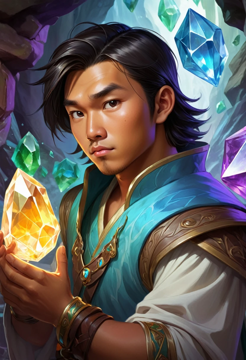 a 27 year old asian malay chinese male, tanned skin, slightly chubby, cute and charming expression, fantasy world, dungeons and dragons, slightly confused look on face, looking at crystal shards, high quality, masterpiece, studio lighting, vivid colors, concept art, digital painting