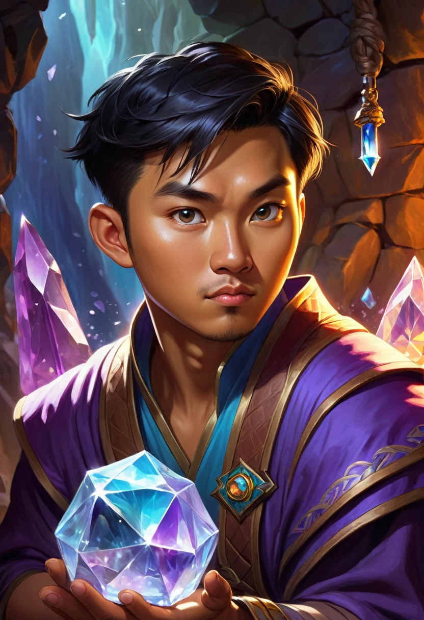 a 27 year old asian malay chinese male, tanned skin, slightly chubby, cute and charming expression, fantasy world, dungeons and dragons, slightly confused look on face, looking at crystal shards, high quality, masterpiece, studio lighting, vivid colors, concept art, digital painting