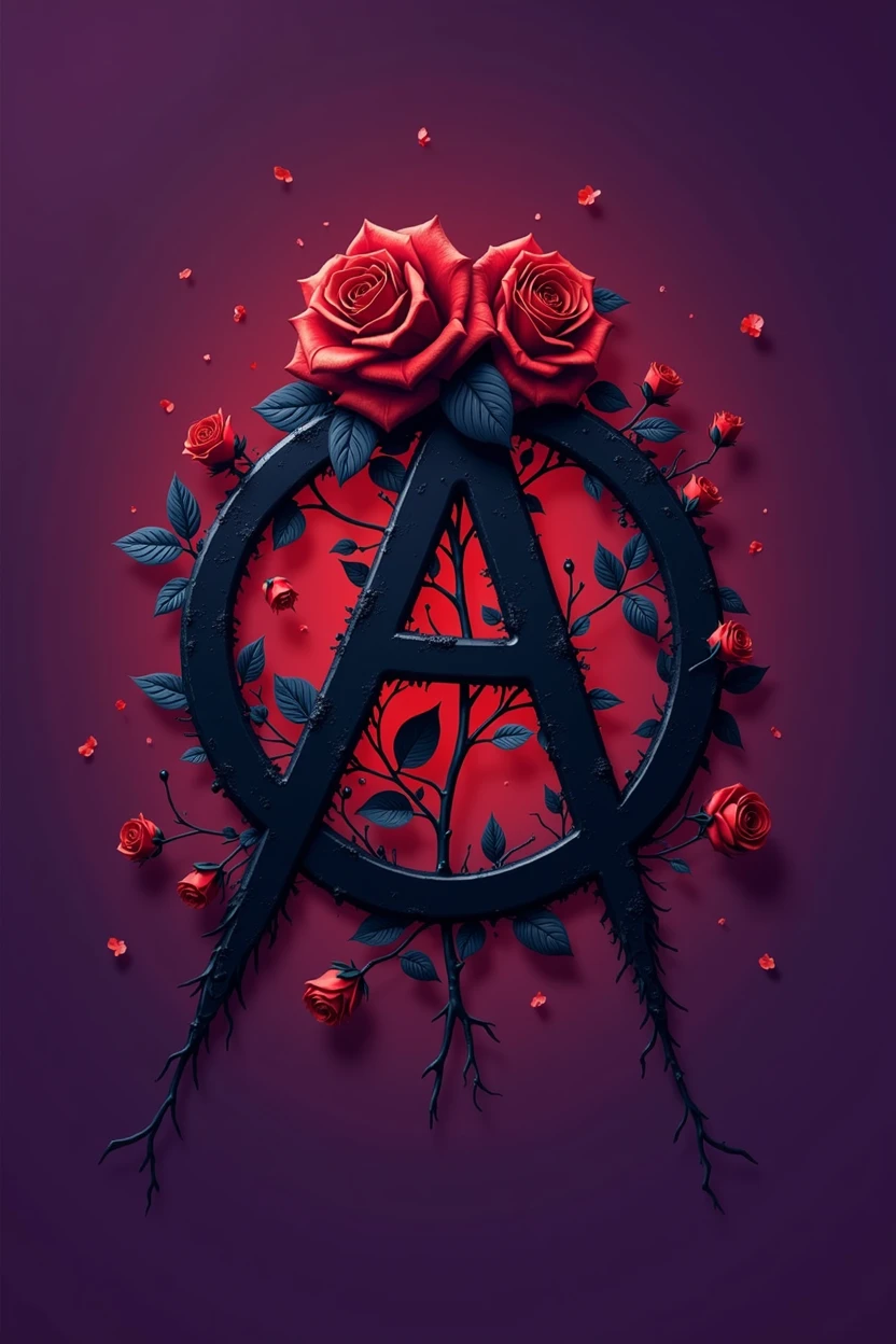 A logo with an anarchic symbol with red roses and purple background
