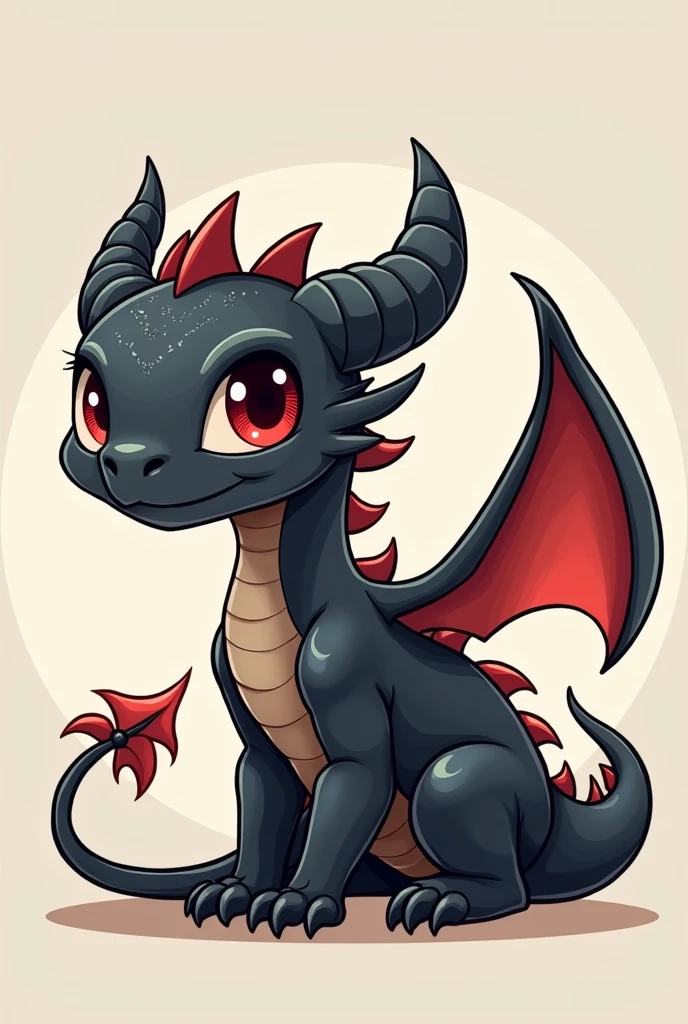 cartoon、The main picture shows a young black dragon（Quadrupeds、Muscular limbs、Detailed description、Beautiful red eyes）、White feather wings