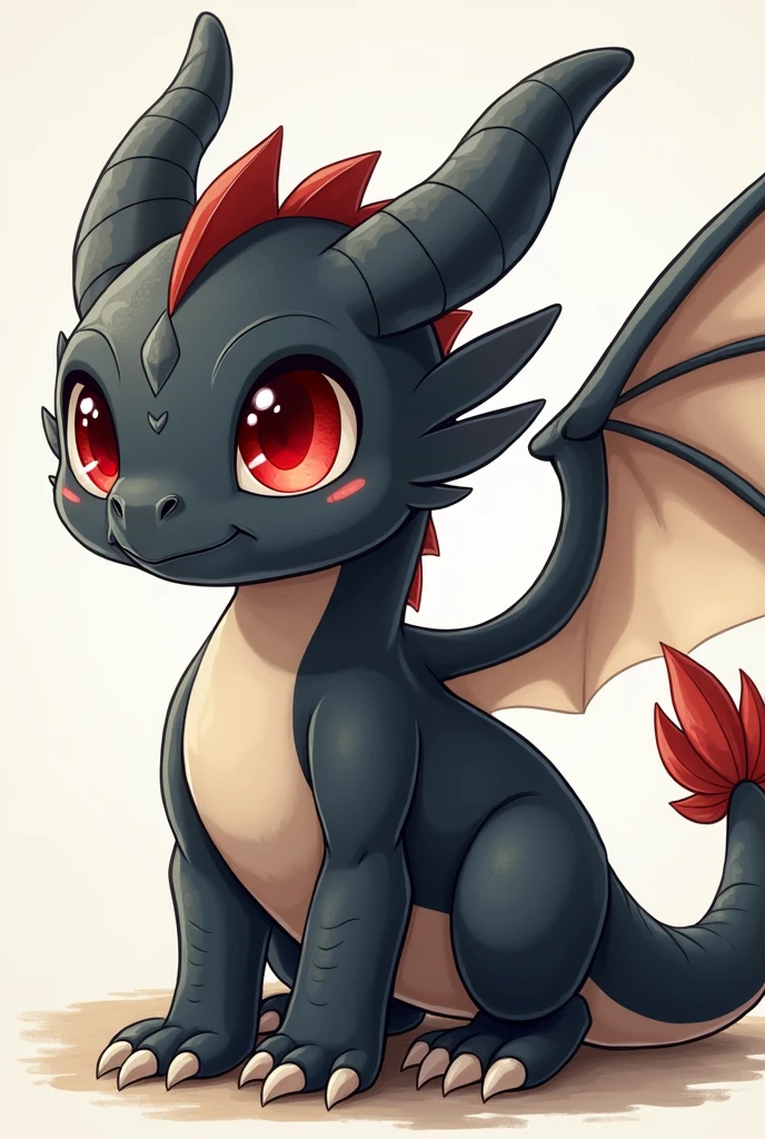 cartoon、The main picture shows a young black dragon（Quadrupeds、Muscular limbs、Detailed description、Beautiful red eyes）、White feather wings