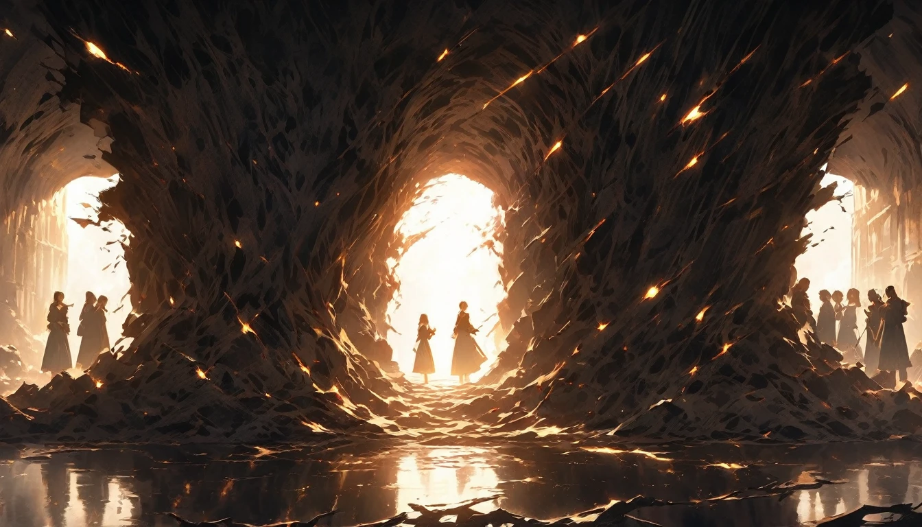 A powerful, emotional scene depicting a group of people standing together in a dimly lit space, with shadows surrounding them, symbolizing the doubts and fears they've faced. The characters are shown breaking free from these shadows, stepping into a soft, warm light that represents hope and unity. Some of them are holding hands or reaching out to each other, symbolizing solidarity and the decision to take a stand. Their expressions are determined, reflecting a mix of relief and resolve as they move away from their past struggles. The background features cracks in the walls, symbolizing the breaking of silence and the crumbling of the facade they've been hiding behind. The light gradually brightens as it moves towards the center of the image, emphasizing the transition from darkness to light, from fear to courage. The overall mood is one of empowerment and collective strength, with a high contrast between the shadowy background and the warm light.