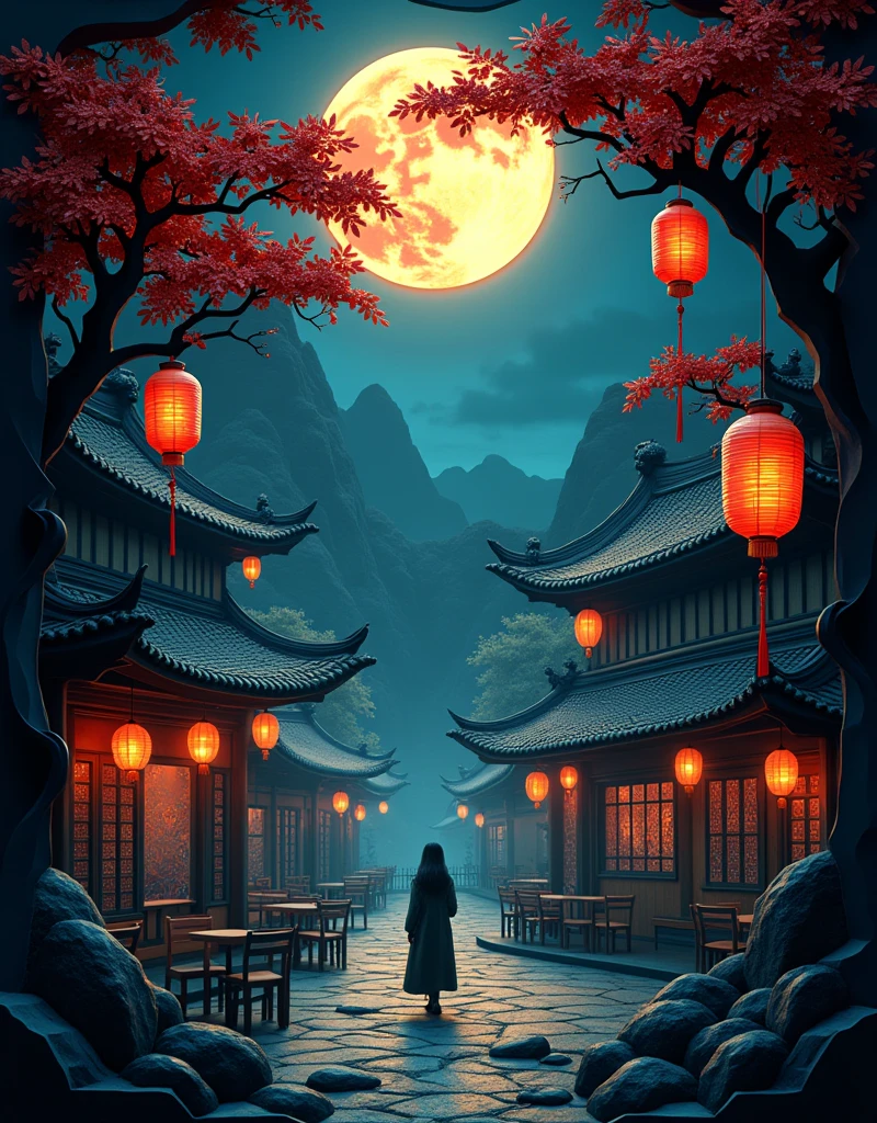 Papercut art. Kirigami. Origami. A very detailed and intricate cutout of one ancient chinese restaurant with dishes of chinese food, trees and lanterns, mystery dark atmosphere at night, no human being, no one, only food, focus on dishes of chinese food, sorrow atmosphere