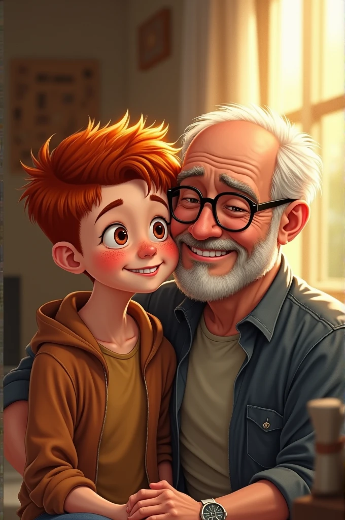 Father's Day image with red-haired ager with straight hair and brown eyes, freckles on face and older black man bald and wearing glasses
