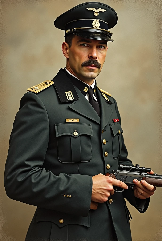 An aging 65-year-old slavic dictator captured in a 1990 photograph, sporting black hair and a mustache, clad in a black military uniform at a military event. (best quality,4k,8k,highres,masterpiece:1.2), ultra-detailed, (realistic,photorealistic,photo-realistic:1.37), vintage filter, historical portrait, dynamic lighting, intense contrast, subtle sepia tone, prominent facial expressions, detailed uniform insignia, sharp focus, professional, vivid colors, a hint of mystery.