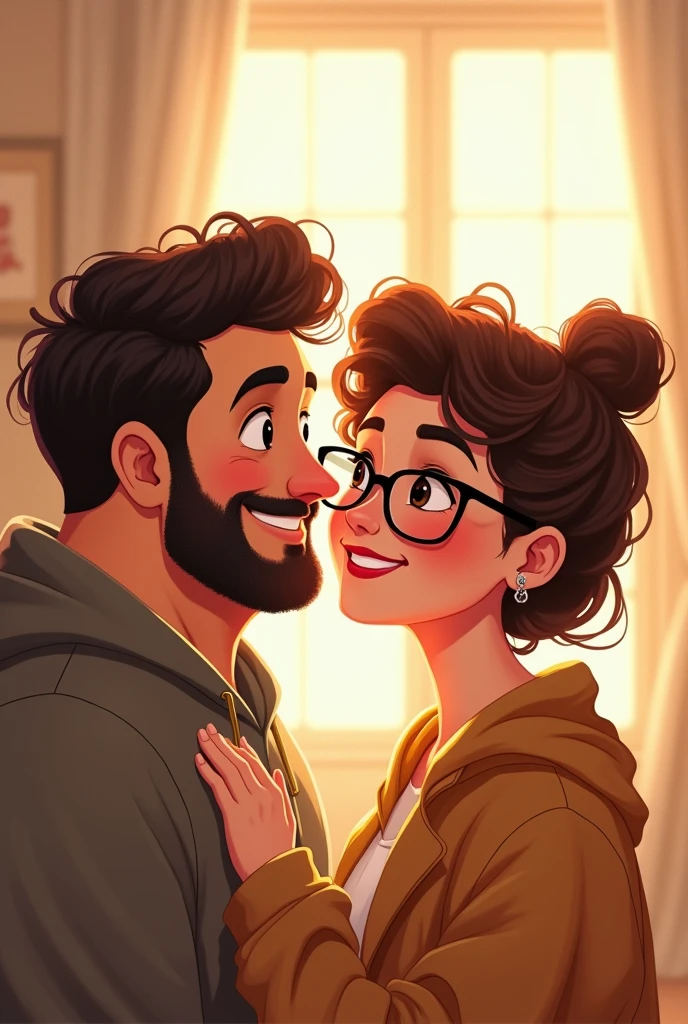 An illustration of an adorable couple, Highlight for a smiling chubby white man and a brunette woman with beautiful expressive eyes and glasses - the man's skin is white and the man's hair curly, while the woman's skin is white and the woman's hair is curly and brown. They are a bright room, cada um com um sorriso no rosto, e compartilhar um momento especial caracterizado pelo amor, Insights. Illustrate this scene from a perspective where they are facing the camera, Smiling and Showing Your Connection. Desenvolva esta arte em Full HD, Focus on your cinematic touch, Estilo Disney Pixar Animations