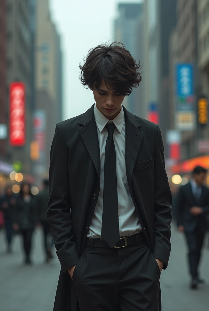 a young 25 year old in a street, well dressed but very sad
