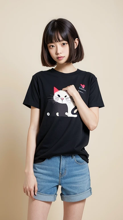 cute girl sitting on bed, wearing cute and erotic T-shirt