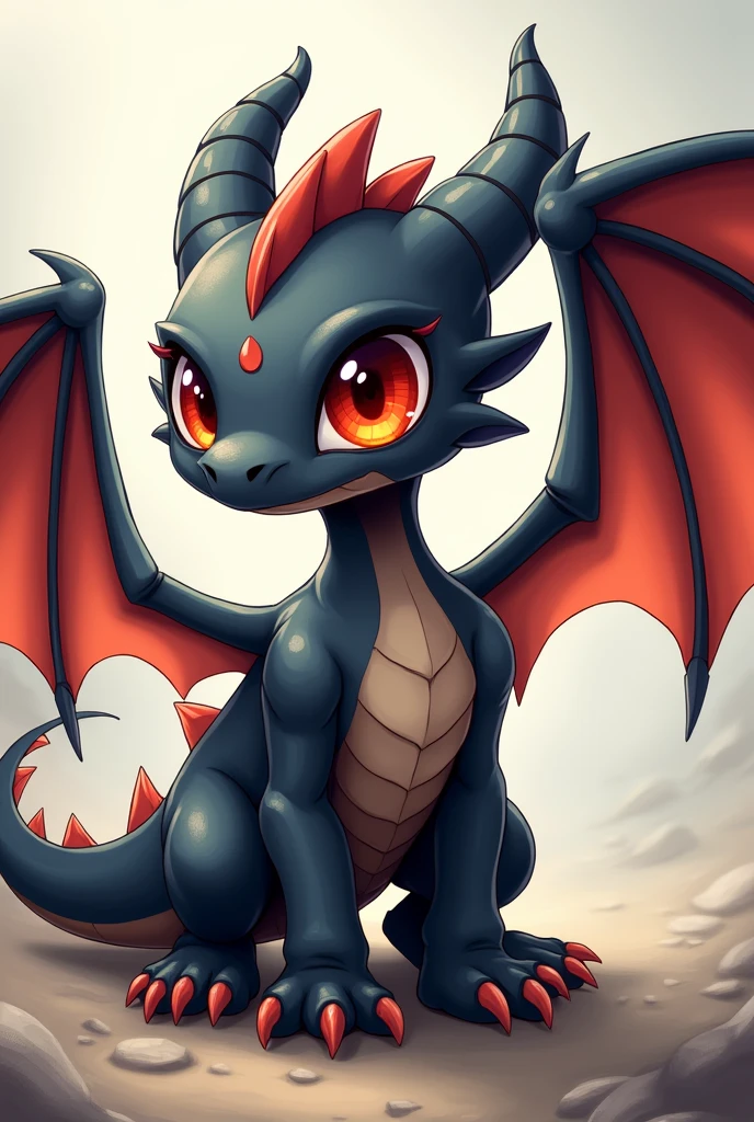 cartoon、The main picture shows a young black dragon(Quadrupeds、Muscular limbs、Detailed description、Beautiful red eyes)、White feather wings