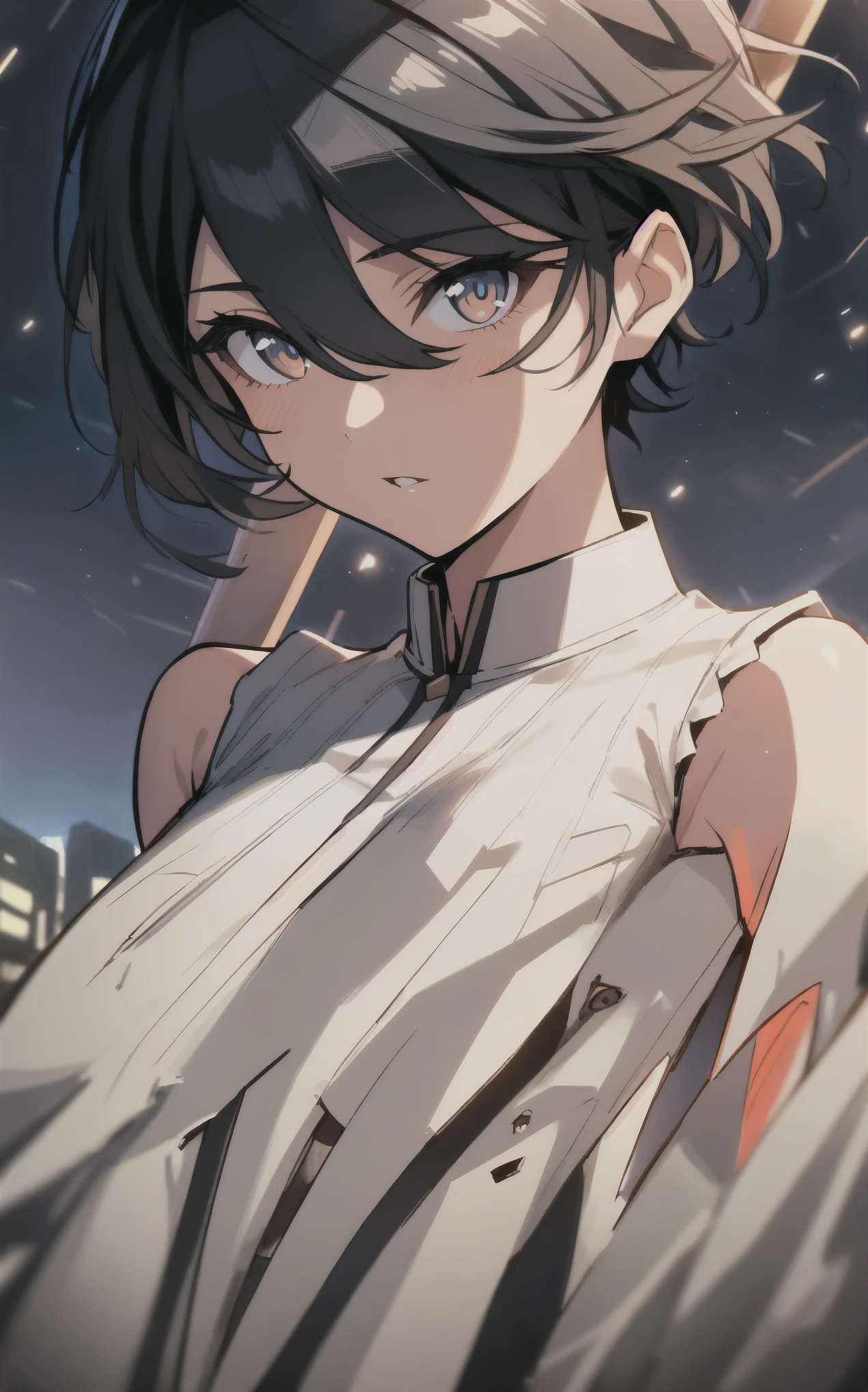 A female cyborg in a complex pattern uniform, wearing heavy metal-inspired energy lines, faceless with glowing eyes, elegant and intense, in a red and black uniform, alone in a modern city street under dark clouds and thunderstorm, dramatic lighting, (masterpiece:1.2), best quality, high resolution, beautiful details, extremely detailed, perfect lighting