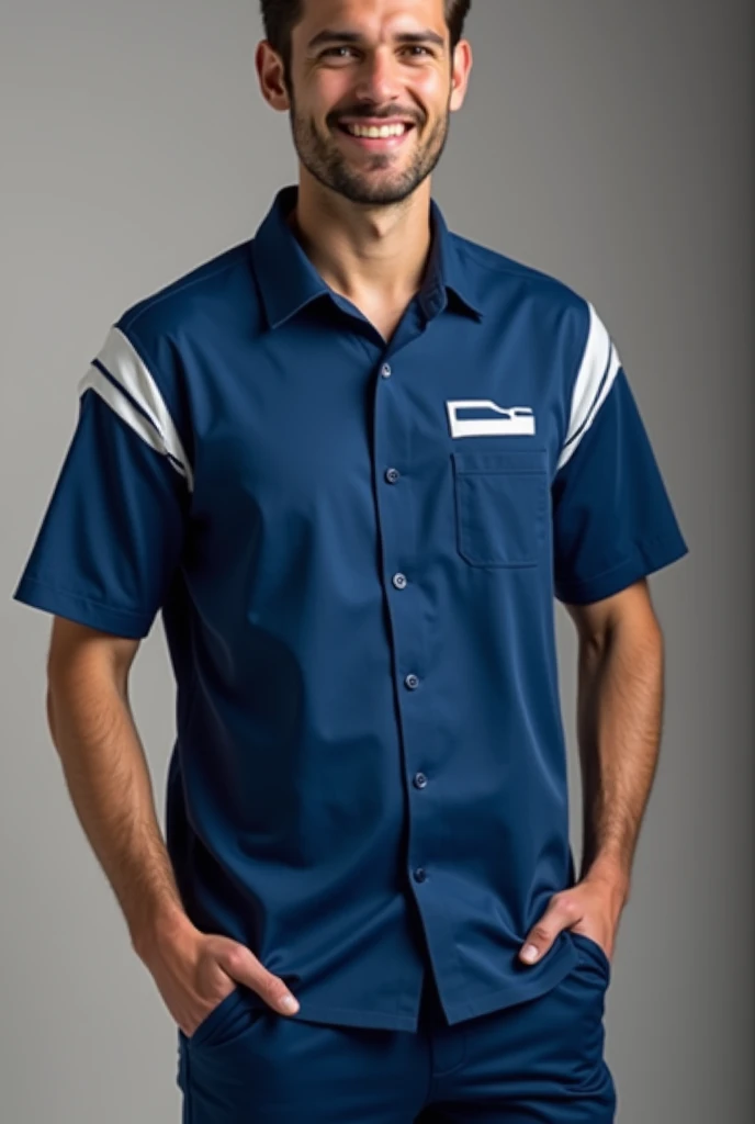 Men's company uniform with short sleeves and a sofa logo, uniform color blue and white predominant color blue without button in the front
