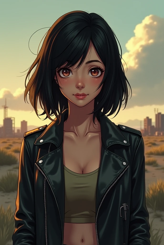 1girl, solo focus, medium size breast, leather jacket, shoulder length hair, looking at viewer, realistic art style, tired eyes, mischievous grin, wild eyes, black hair, heterochromia, post-apocalypse, looks like Aubrey Plaza in Legion
