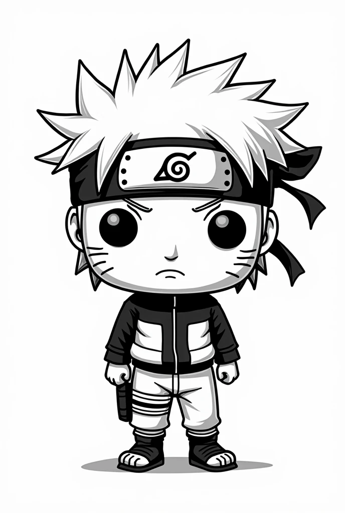 A black and white illustration, no colors, only with strokes. Create the Naruto Uzumaki character in Funko Pop style (in strokes, no shadings). Large and disproportionate head, with spiky blond hair, and his iconic Vila da Folha bandana tied around his forehead, with the leaf symbol in the center. large, expressive eyes, with the characteristic scratch mark on the cheeks, and a determined expression. Body wearing orange and black ninja costume, with a high collar and the Uzumaki symbol on the back. There must be an empty white background, no shading, with open space between the lines.