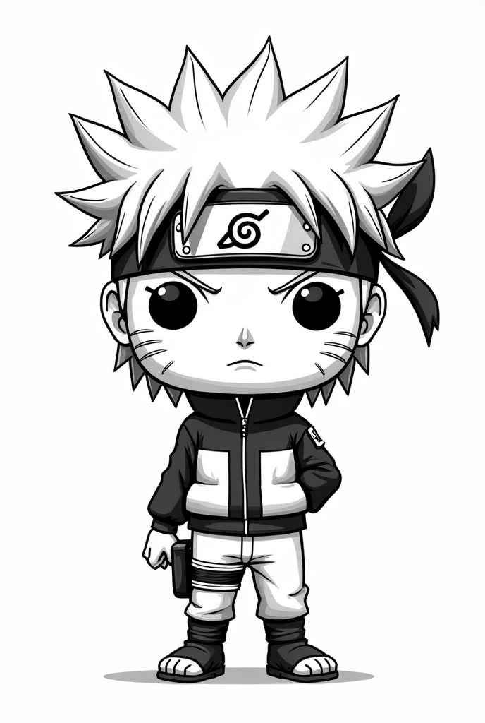 A black and white illustration, no colors, only with strokes. Create the Naruto Uzumaki character in Funko Pop style (in strokes, no shadings). Large and disproportionate head, with spiky blond hair, and his iconic Vila da Folha bandana tied around his forehead, with the leaf symbol in the center. large, expressive eyes, with the characteristic scratch mark on the cheeks, and a determined expression. Body wearing orange and black ninja costume, with a high collar and the Uzumaki symbol on the back. There must be an empty white background, no shading, with open space between the lines.
