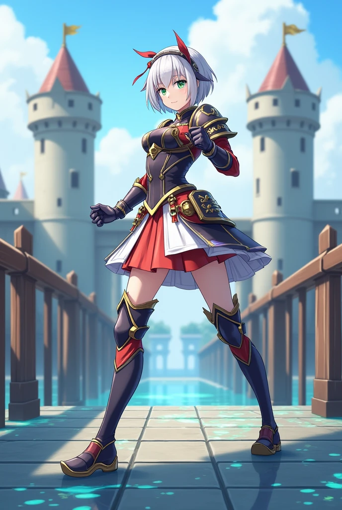 masterpiece, best quality, illustration, fighting pose, 1girl, noelle genshin impact, short silver hair, green eyes, maid skirt with red side parts, maid knight, maid knight armor, castle bridge, water,