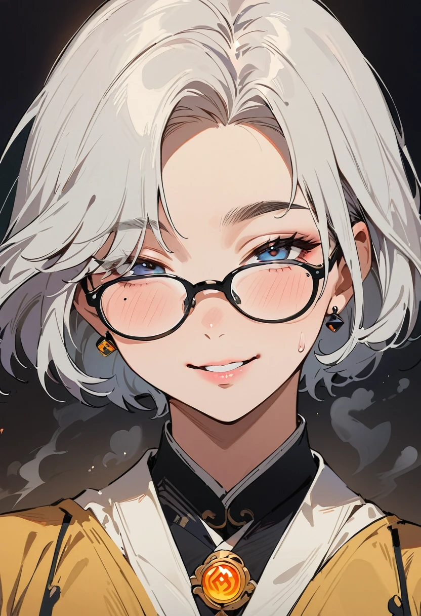(masterpiece, best quality:1.4), 1 girl, 独奏, Anime style, Black pupil, Blurred eyes, Smile, Black-rimmed glasses, There is a large scar on the right eye, Scars, Right tear mole, Gray super short hair,, large breasts, Vest, steam, Vision, black background.